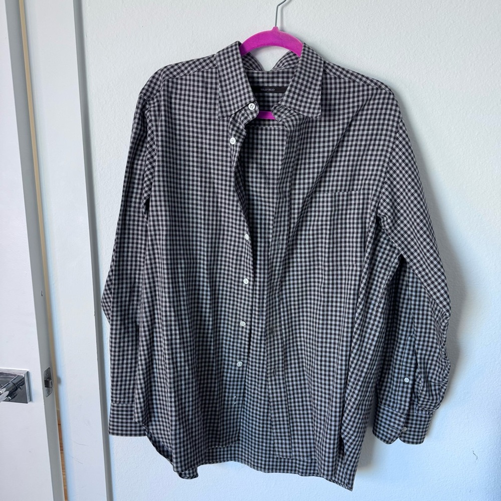 Billy Reid Mens L Long Sleeve Button Down Brown Gray 100% Cotton Shirt Checkered